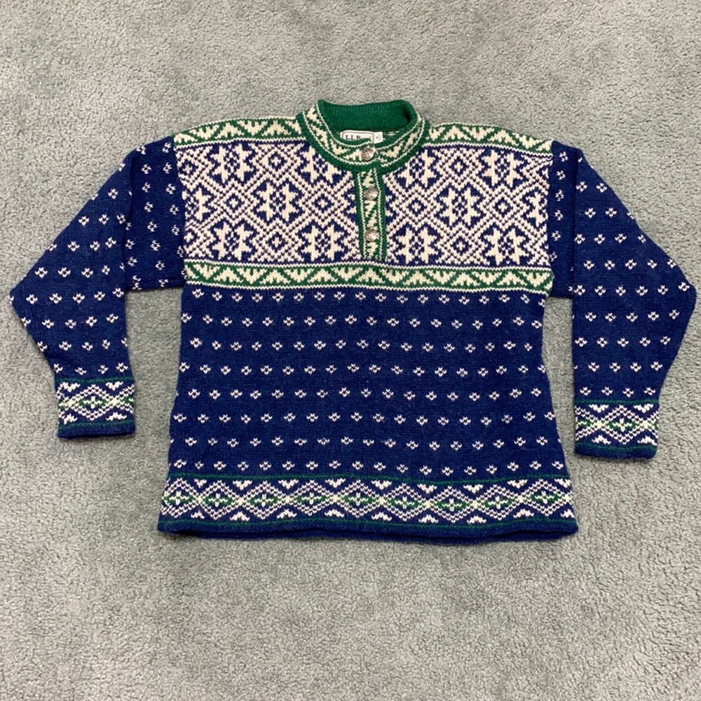 L.L. Bean Fair Isle Blue Pullover Wool Sweater